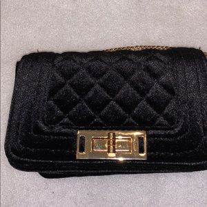 Black Velvet Card Crossbody with Gold Chain.